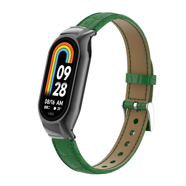 For Xiaomi Mi Band 8 Integrated Metal Case + Cocodile Texture Leather Watch Band(Green) - Smart Wear by PMC TechLife | Online Shopping South Africa | PMC TechLife