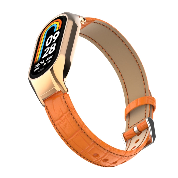 For Xiaomi Mi Band 8 Integrated Metal Case + Cocodile Texture Leather Watch Band(Orange) - Smart Wear by PMC TechLife | Online Shopping South Africa | PMC TechLife