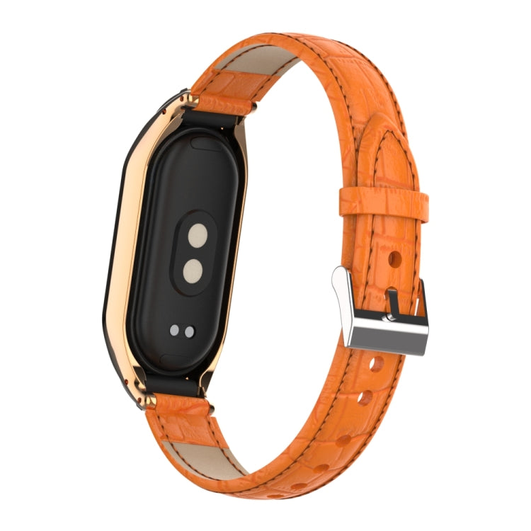 For Xiaomi Mi Band 8 Integrated Metal Case + Cocodile Texture Leather Watch Band(Orange) - Smart Wear by PMC TechLife | Online Shopping South Africa | PMC TechLife
