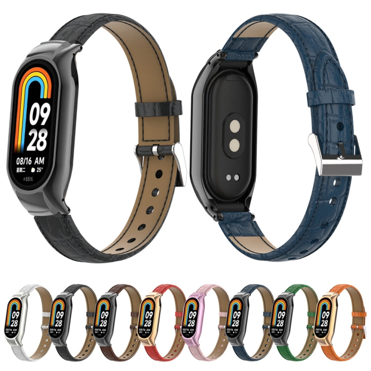 For Xiaomi Mi Band 8 Integrated Metal Case + Cocodile Texture Leather Watch Band(Red) - Smart Wear by PMC TechLife | Online Shopping South Africa | PMC TechLife