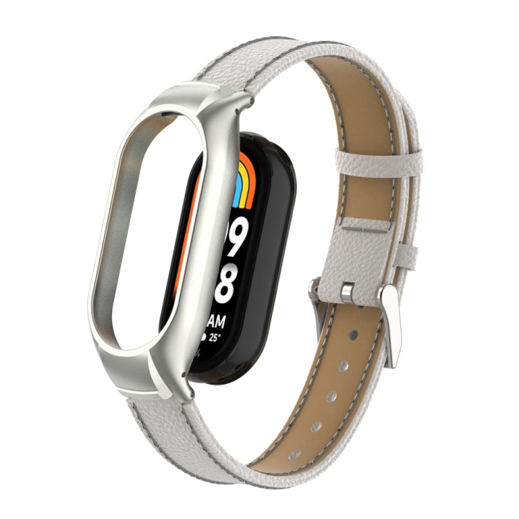 For Xiaomi Mi Band 8 Integrated Metal Case + Litchi Texture Leather Watch Band(White) - Smart Wear by PMC TechLife | Online Shopping South Africa | PMC TechLife