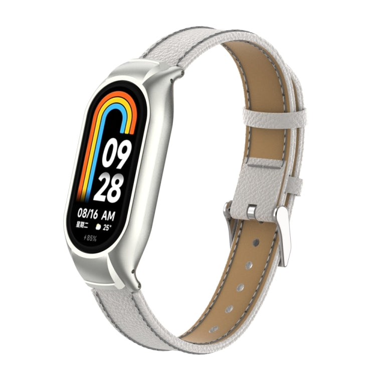 For Xiaomi Mi Band 8 Integrated Metal Case + Litchi Texture Leather Watch Band(White) - Smart Wear by PMC TechLife | Online Shopping South Africa | PMC TechLife