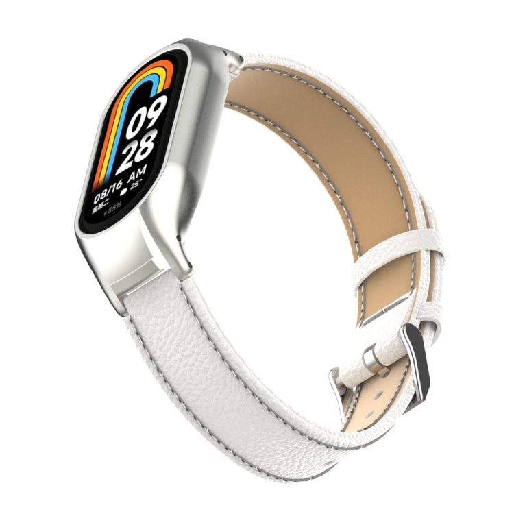 For Xiaomi Mi Band 8 Integrated Metal Case + Litchi Texture Leather Watch Band(White) - Smart Wear by PMC TechLife | Online Shopping South Africa | PMC TechLife