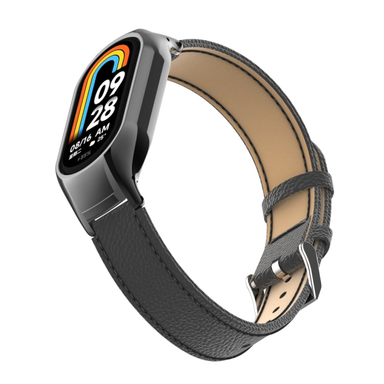 For Xiaomi Mi Band 8 Integrated Metal Case + Litchi Texture Leather Watch Band(Black) - Smart Wear by PMC TechLife | Online Shopping South Africa | PMC TechLife