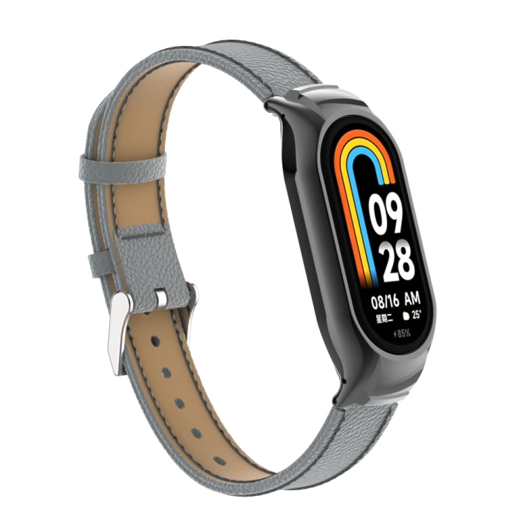 For Xiaomi Mi Band 8 Integrated Metal Case + Litchi Texture Leather Watch Band(Grey) - Smart Wear by PMC TechLife | Online Shopping South Africa | PMC TechLife