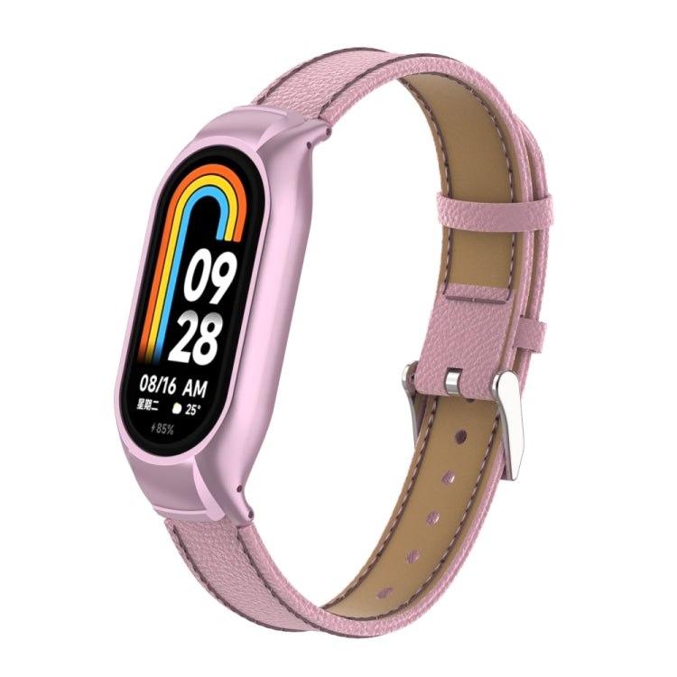 For Xiaomi Mi Band 8 Integrated Metal Case + Litchi Texture Leather Watch Band(Pink) - Smart Wear by PMC TechLife | Online Shopping South Africa | PMC TechLife