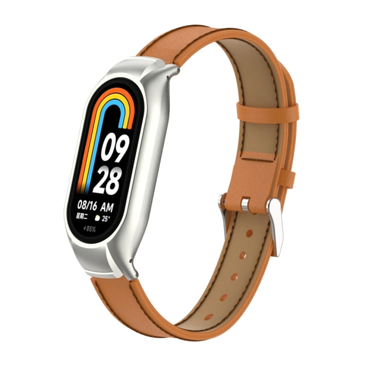 For Xiaomi Mi Band 8 Integrated Metal Case + Microfiber Sewing Leather Watch Band(Brown) - Smart Wear by PMC TechLife | Online Shopping South Africa | PMC TechLife