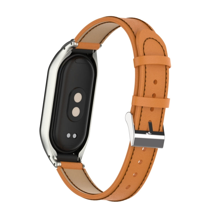 For Xiaomi Mi Band 8 Integrated Metal Case + Microfiber Sewing Leather Watch Band(Brown) - Smart Wear by PMC TechLife | Online Shopping South Africa | PMC TechLife