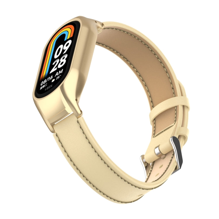 For Xiaomi Mi Band 8 Integrated Metal Case + Microfiber Sewing Leather Watch Band(Champagne) - Smart Wear by PMC TechLife | Online Shopping South Africa | PMC TechLife