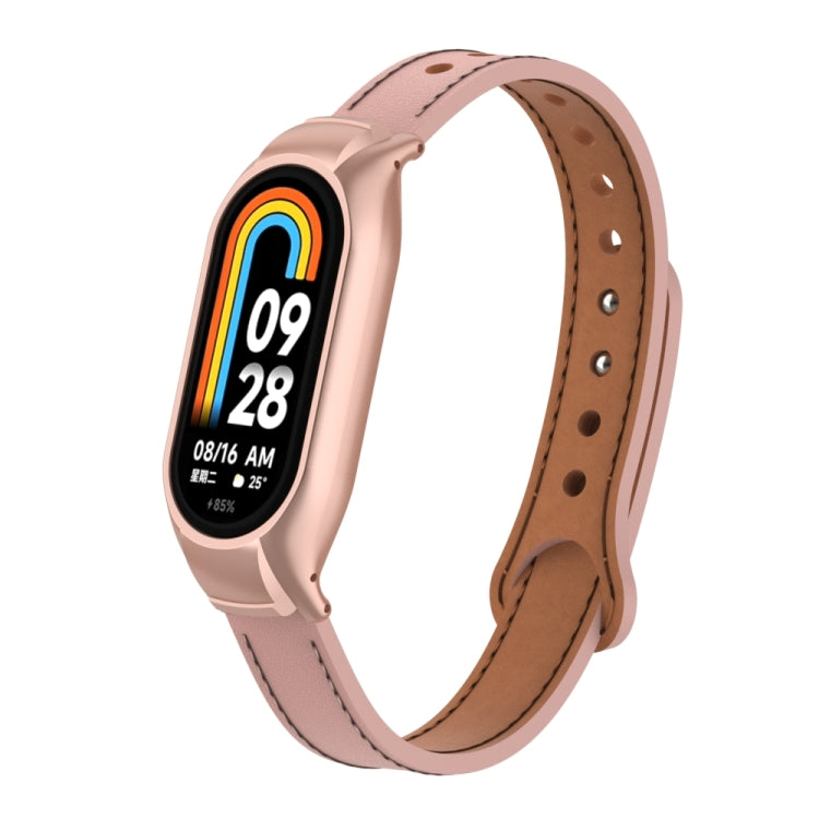 For Xiaomi Mi Band 8 Integrated Metal Case + Double Nail Microfiber Leather Watch Band(Pink) - Smart Wear by PMC TechLife | Online Shopping South Africa | PMC TechLife