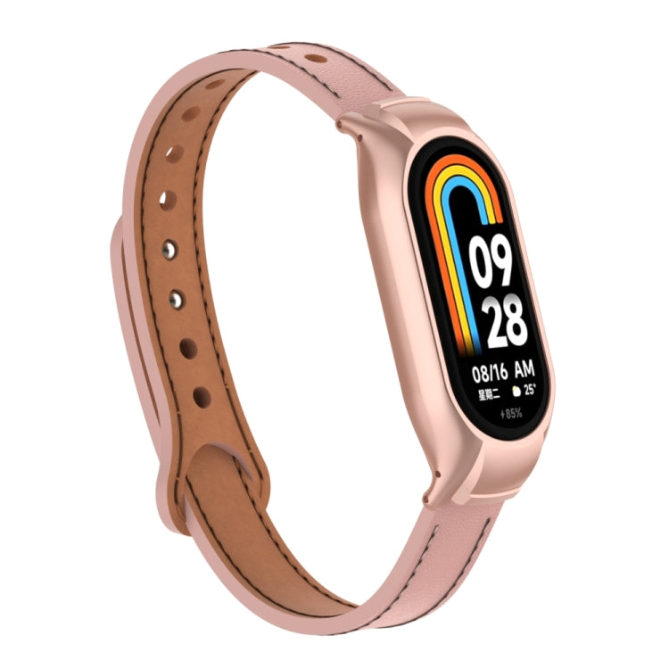 For Xiaomi Mi Band 8 Integrated Metal Case + Double Nail Microfiber Leather Watch Band(Pink) - Smart Wear by PMC TechLife | Online Shopping South Africa | PMC TechLife