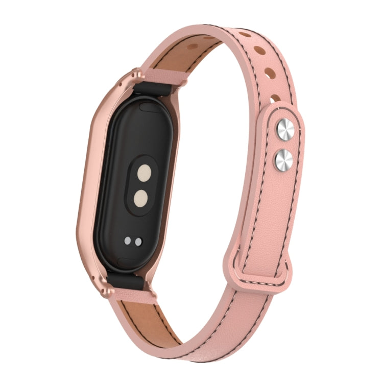 For Xiaomi Mi Band 8 Integrated Metal Case + Double Nail Microfiber Leather Watch Band(Pink) - Smart Wear by PMC TechLife | Online Shopping South Africa | PMC TechLife