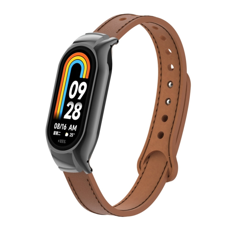For Xiaomi Mi Band 8 Integrated Metal Case + Double Nail Microfiber Leather Watch Band(Brown) - Smart Wear by PMC TechLife | Online Shopping South Africa | PMC TechLife