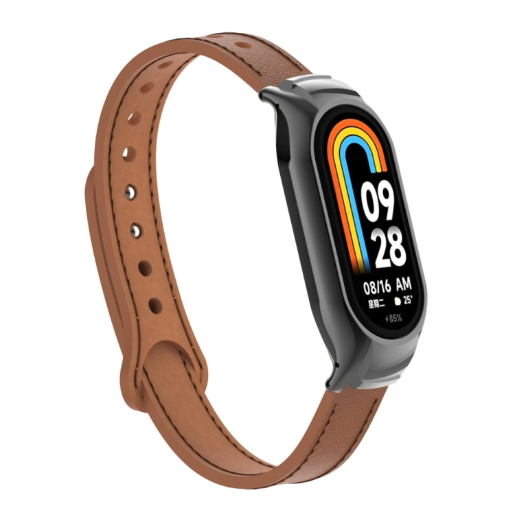 For Xiaomi Mi Band 8 Integrated Metal Case + Double Nail Microfiber Leather Watch Band(Brown) - Smart Wear by PMC TechLife | Online Shopping South Africa | PMC TechLife