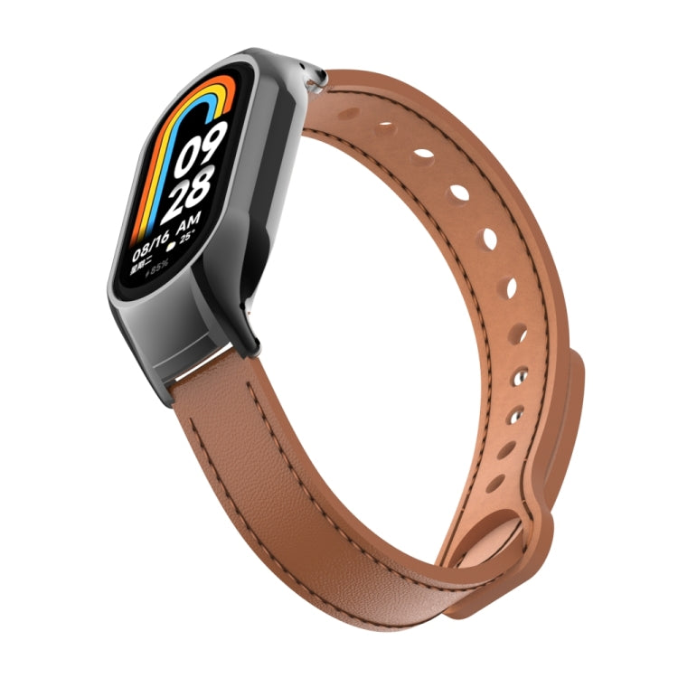 For Xiaomi Mi Band 8 Integrated Metal Case + Double Nail Microfiber Leather Watch Band(Brown) - Smart Wear by PMC TechLife | Online Shopping South Africa | PMC TechLife