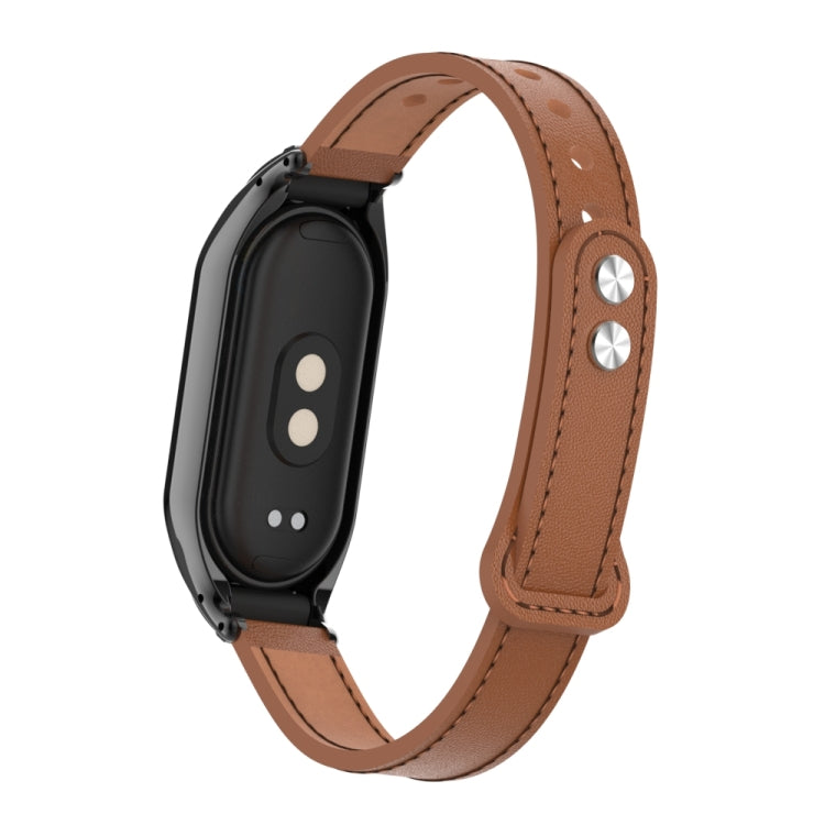 For Xiaomi Mi Band 8 Integrated Metal Case + Double Nail Microfiber Leather Watch Band(Brown) - Smart Wear by PMC TechLife | Online Shopping South Africa | PMC TechLife