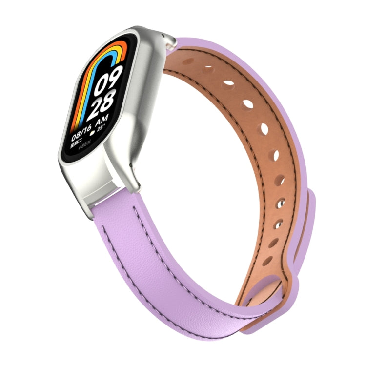 For Xiaomi Mi Band 8 Integrated Metal Case + Double Nail Microfiber Leather Watch Band(Pink Purple) - Smart Wear by PMC TechLife | Online Shopping South Africa | PMC TechLife