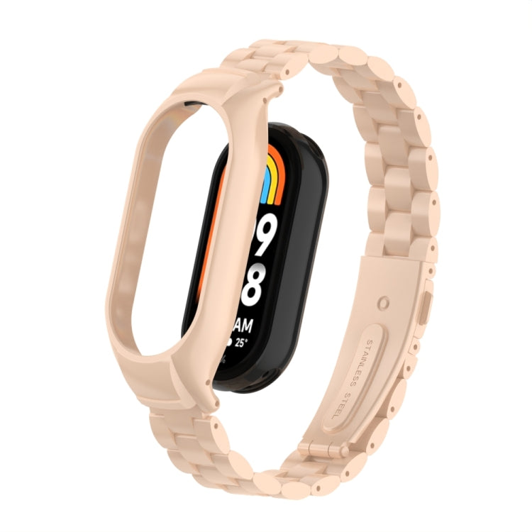 For Xiaomi Mi Band 8 Integrated Metal Case + Three-bead Watch Band(Milk Tea Color) - Smart Wear by PMC TechLife | Online Shopping South Africa | PMC TechLife