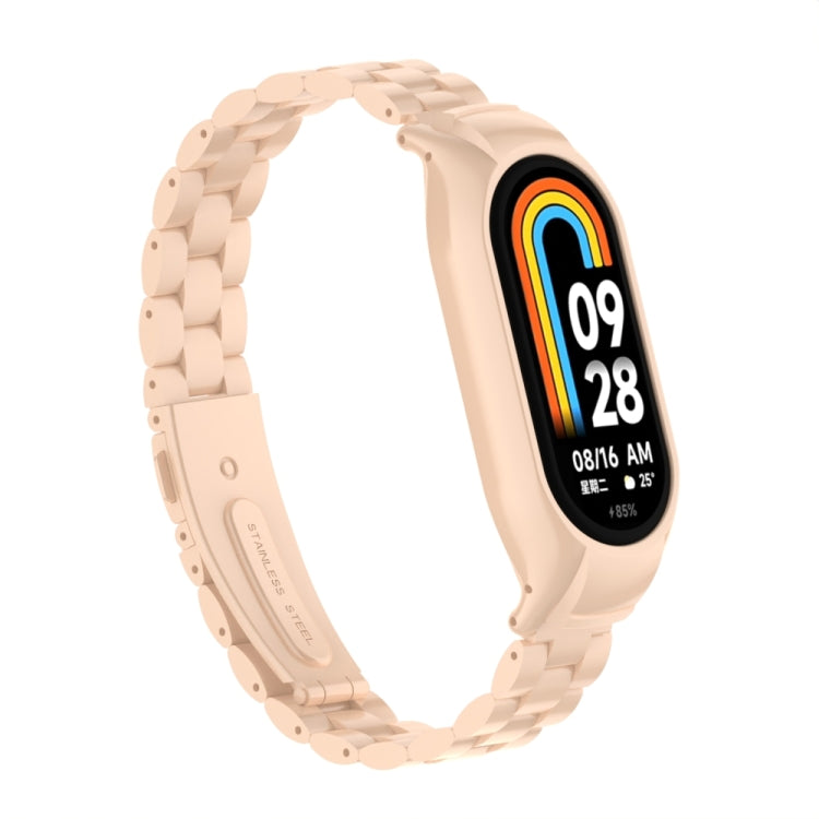 For Xiaomi Mi Band 8 Integrated Metal Case + Three-bead Watch Band(Milk Tea Color) - Smart Wear by PMC TechLife | Online Shopping South Africa | PMC TechLife