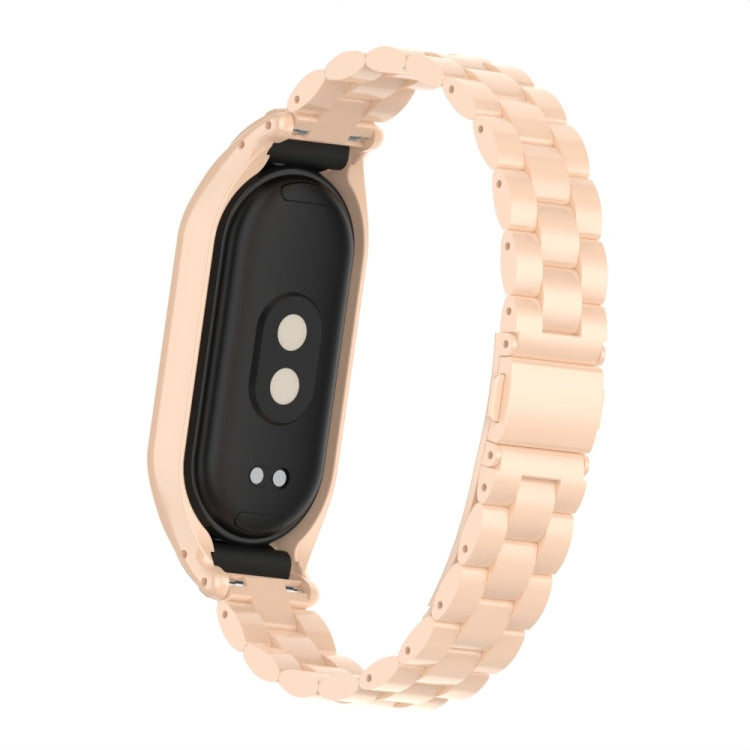 For Xiaomi Mi Band 8 Integrated Metal Case + Three-bead Watch Band(Milk Tea Color) - Smart Wear by PMC TechLife | Online Shopping South Africa | PMC TechLife