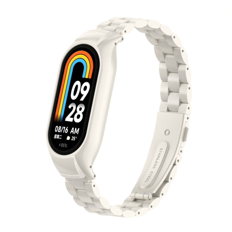For Xiaomi Mi Band 8 Integrated Metal Case + Three-bead Watch Band(Beige) - Smart Wear by PMC TechLife | Online Shopping South Africa | PMC TechLife