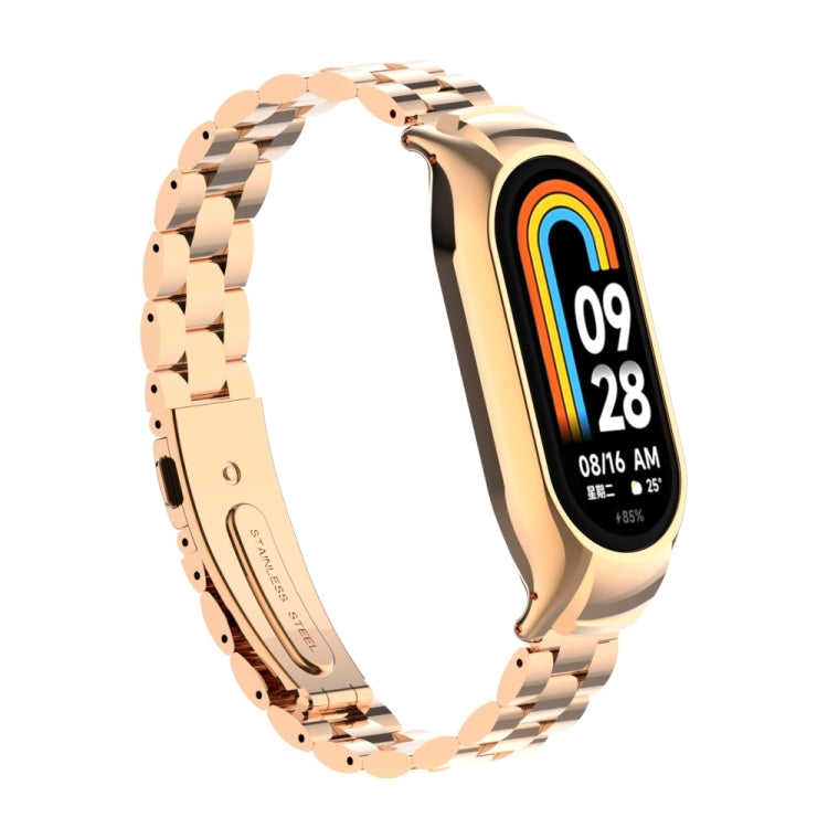 For Xiaomi Mi Band 8 Integrated Metal Case + Three-bead Watch Band(Rose Gold) - Smart Wear by PMC TechLife | Online Shopping South Africa | PMC TechLife