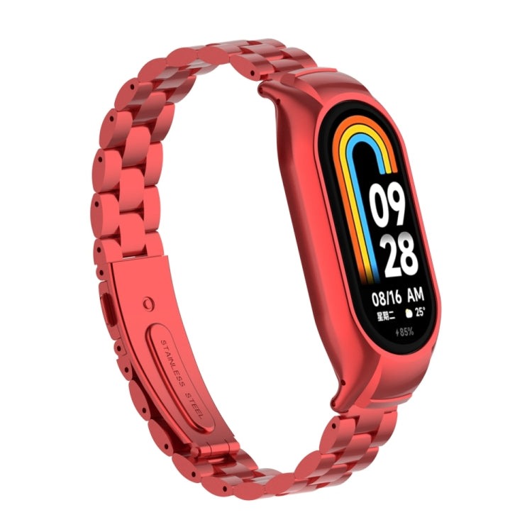 For Xiaomi Mi Band 8 Integrated Metal Case + Three-bead Watch Band(Red) - Smart Wear by PMC TechLife | Online Shopping South Africa | PMC TechLife