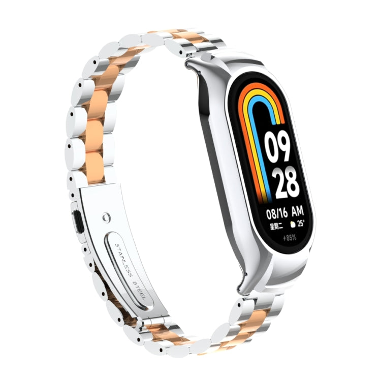 For Xiaomi Mi Band 8 Integrated Metal Case + Three-bead Watch Band(Silver+Rose Gold) - Smart Wear by PMC TechLife | Online Shopping South Africa | PMC TechLife