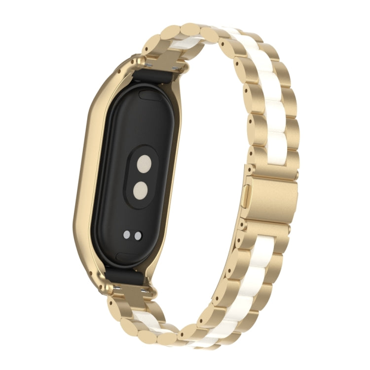 For Xiaomi Mi Band 8 Integrated Metal Case + Three-bead Watch Band(Champagne+White) - Smart Wear by PMC TechLife | Online Shopping South Africa | PMC TechLife