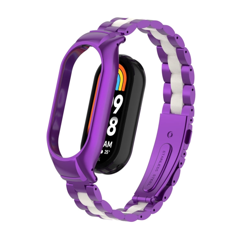 For Xiaomi Mi Band 8 Integrated Metal Case + Three-bead Watch Band(Purple+White) - Smart Wear by PMC TechLife | Online Shopping South Africa | PMC TechLife