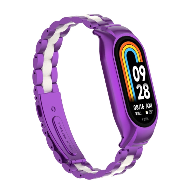 For Xiaomi Mi Band 8 Integrated Metal Case + Three-bead Watch Band(Purple+White) - Smart Wear by PMC TechLife | Online Shopping South Africa | PMC TechLife