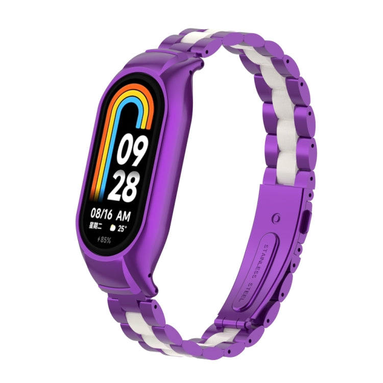 For Xiaomi Mi Band 8 Integrated Metal Case + Three-bead Watch Band(Purple+White) - Smart Wear by PMC TechLife | Online Shopping South Africa | PMC TechLife