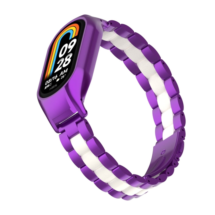 For Xiaomi Mi Band 8 Integrated Metal Case + Three-bead Watch Band(Purple+White) - Smart Wear by PMC TechLife | Online Shopping South Africa | PMC TechLife