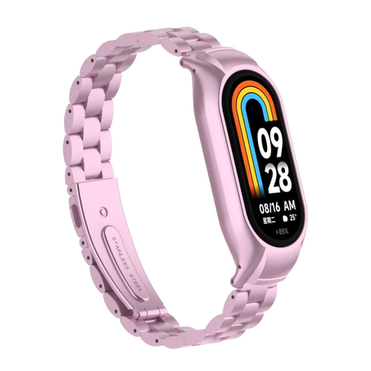 For Xiaomi Mi Band 8 Integrated Metal Case + Three-bead Watch Band(Rose Pink) - Smart Wear by PMC TechLife | Online Shopping South Africa | PMC TechLife