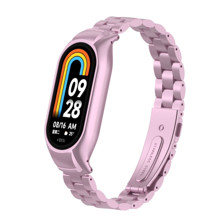 For Xiaomi Mi Band 8 Integrated Metal Case + Three-bead Watch Band(Rose Pink) - Smart Wear by PMC TechLife | Online Shopping South Africa | PMC TechLife