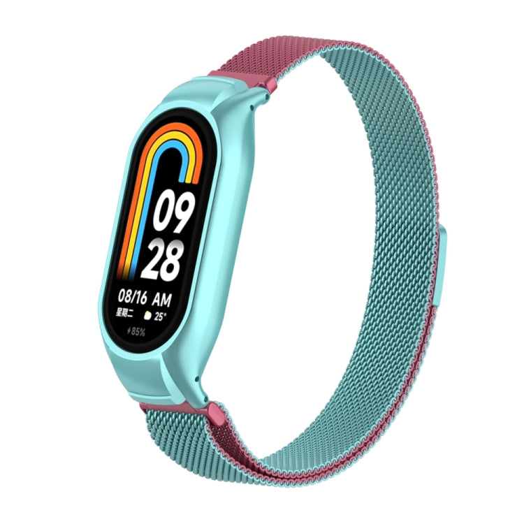 For Xiaomi Mi Band 8 Integrated Metal Case + Milanese Magnetic Watch Band(Pink Blue) - Smart Wear by PMC TechLife | Online Shopping South Africa | PMC TechLife