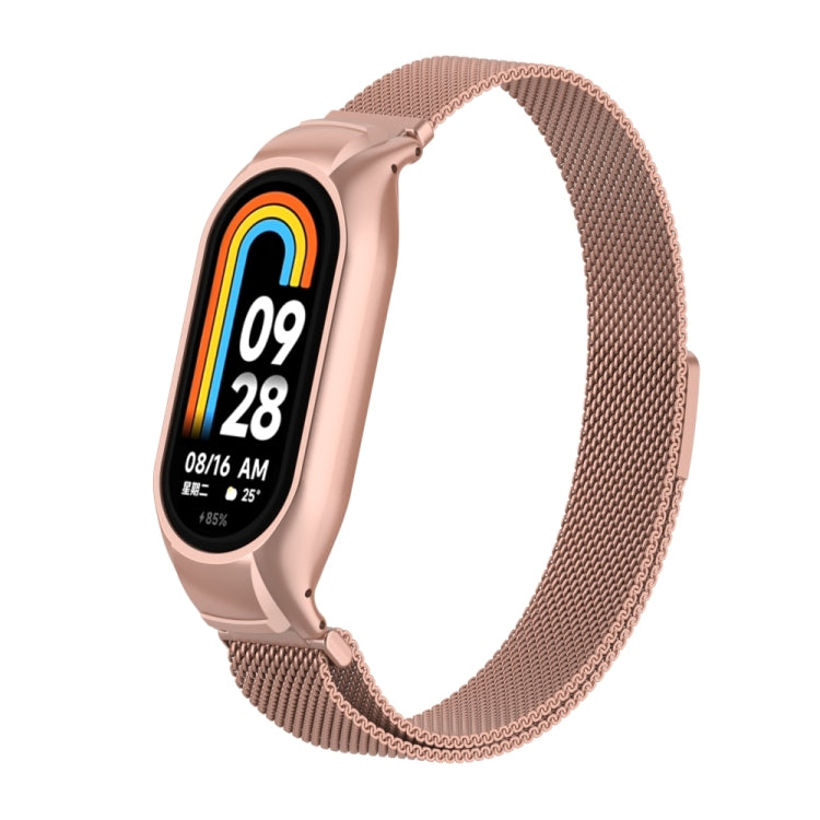 For Xiaomi Mi Band 8 Integrated Metal Case + Milanese Magnetic Watch Band(Rose Red) - Smart Wear by PMC TechLife | Online Shopping South Africa | PMC TechLife