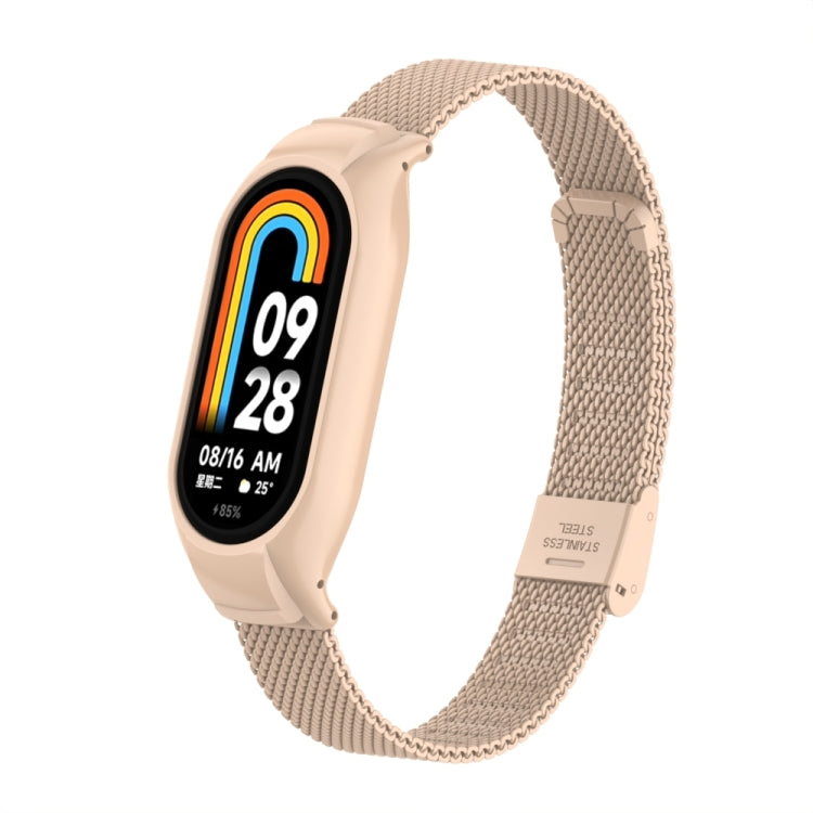 For Xiaomi Mi Band 8 Integrated Metal Case + Steel Mesh Buckle Watch Band(Milk Tea Color) - Smart Wear by PMC TechLife | Online Shopping South Africa | PMC TechLife