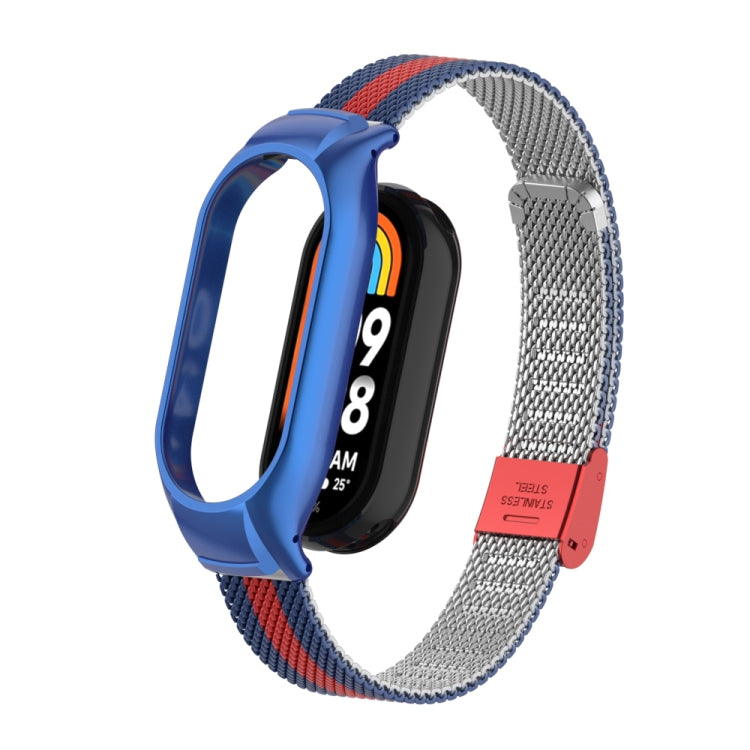 For Xiaomi Mi Band 8 Integrated Metal Case + Steel Mesh Buckle Watch Band(Blue+Red) - Smart Wear by PMC TechLife | Online Shopping South Africa | PMC TechLife