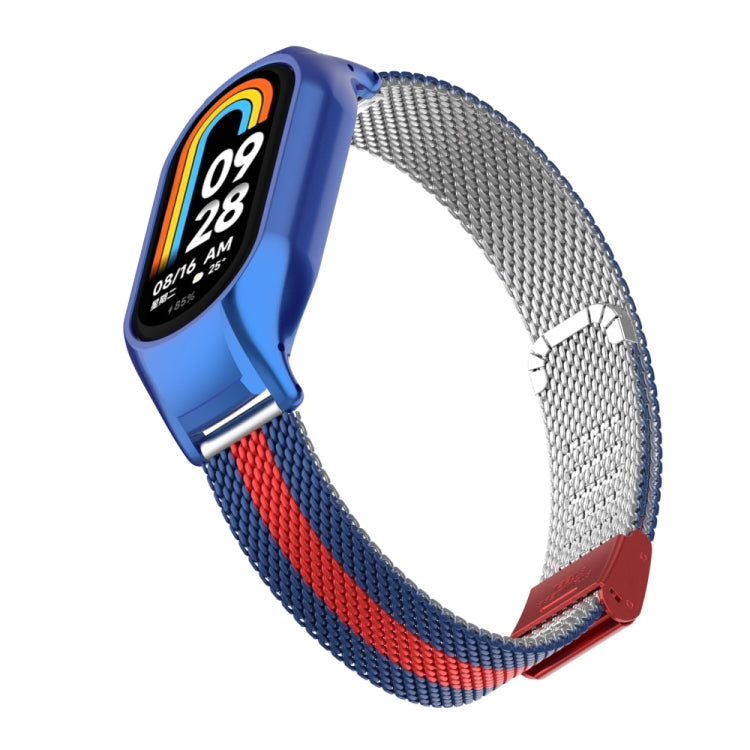 For Xiaomi Mi Band 8 Integrated Metal Case + Steel Mesh Buckle Watch Band(Blue+Red) - Smart Wear by PMC TechLife | Online Shopping South Africa | PMC TechLife