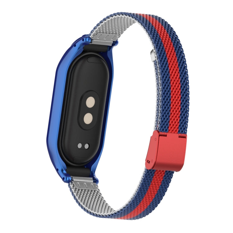 For Xiaomi Mi Band 8 Integrated Metal Case + Steel Mesh Buckle Watch Band(Blue+Red) - Smart Wear by PMC TechLife | Online Shopping South Africa | PMC TechLife