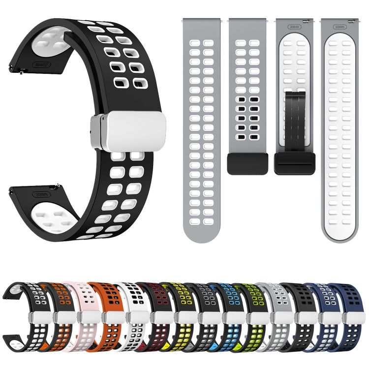 20mm Double-row Hole Folding Silver Buckle Two-color Silicone Watch Band(Black) - Smart Wear by PMC TechLife | Online Shopping South Africa | PMC TechLife