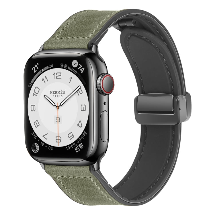 Magnetic Folding Silicone Leather Watch Band For Apple Watch Ultra 49mm / Series 8&7 45mm / SE 2&6&SE&5&4 44mm / 3&2&1 42mm (Army Green) - Watch Bands by PMC TechLife | Online Shopping South Africa | PMC TechLife