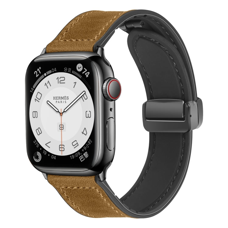 Magnetic Folding Silicone Leather Watch Band For Apple Watch Ultra 49mm / Series 8&7 45mm / SE 2&6&SE&5&4 44mm / 3&2&1 42mm (Light Brown) - Watch Bands by PMC TechLife | Online Shopping South Africa | PMC TechLife