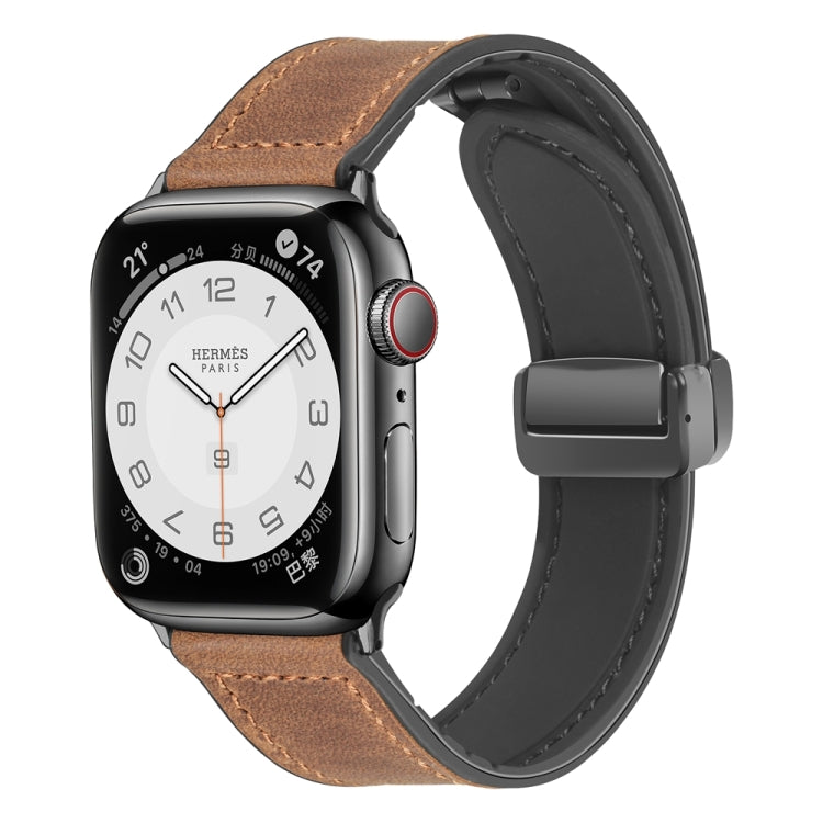 Magnetic Folding Silicone Leather Watch Band For Apple Watch Ultra 49mm / Series 8&7 45mm / SE 2&6&SE&5&4 44mm / 3&2&1 42mm (Dark Brown) - Watch Bands by PMC TechLife | Online Shopping South Africa | PMC TechLife