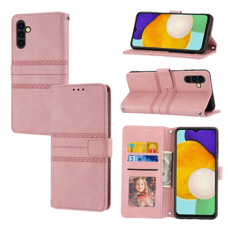 For Samsung Galaxy A14 5G Embossed Stripes Skin Feel Leather Phone Case(Pink) - free shipping - PMC TechLife - Order now!