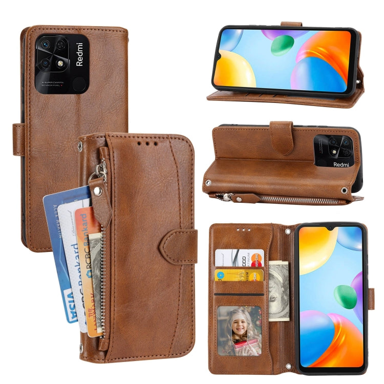 For Xiaomi Redmi 12C Oil Skin Zipper Wallet Leather Phone Case(Brown) - free shipping - PMC TechLife - Order now!