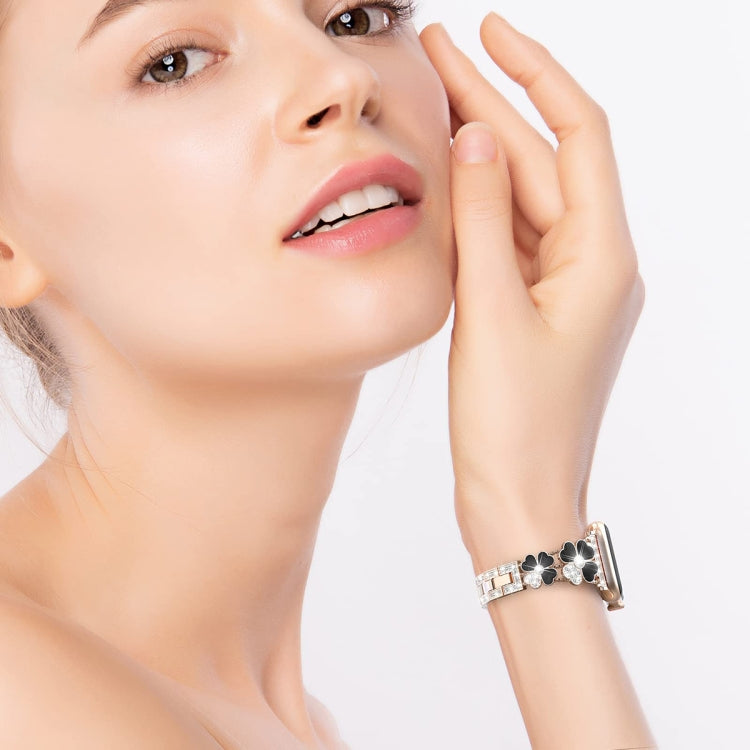 For Apple Watch 8 45mm Petal Metal Diamond Watch Band(Rose Gold+Black) -  by PMC TechLife | Online Shopping South Africa | PMC TechLife