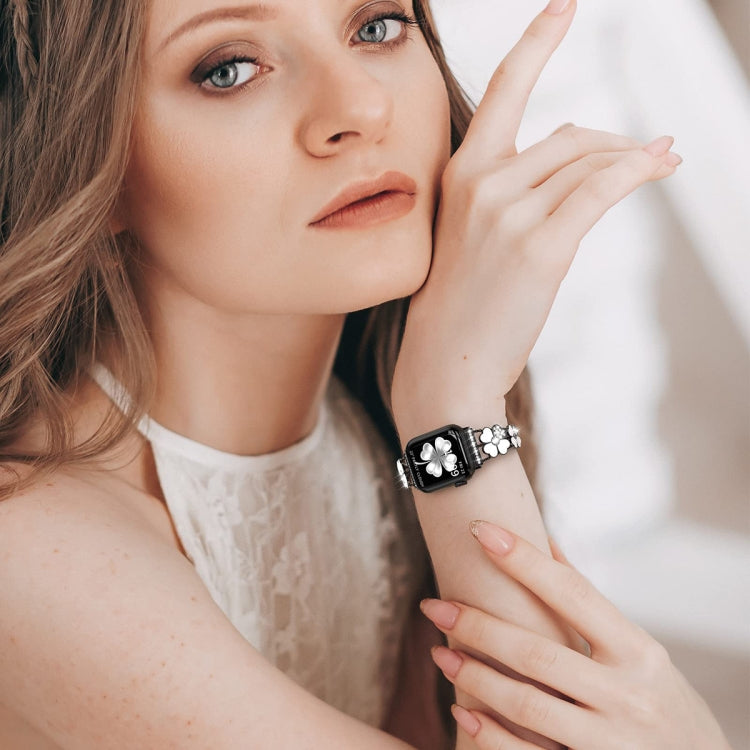 For Apple Watch 5 44mm Petal Metal Diamond Watch Band(Black+White) -  by PMC TechLife | Online Shopping South Africa | PMC TechLife