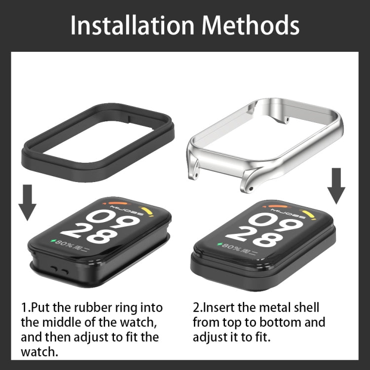 For Xiaomi Smart Band 8 Active / Redmi Band 2 Mijobs Metal Shell Microfiber PU Leather Watch Band(Black Silver) - Watch Bands by MIJOBS | Online Shopping South Africa | PMC TechLife | Buy Now Pay Later Mobicred